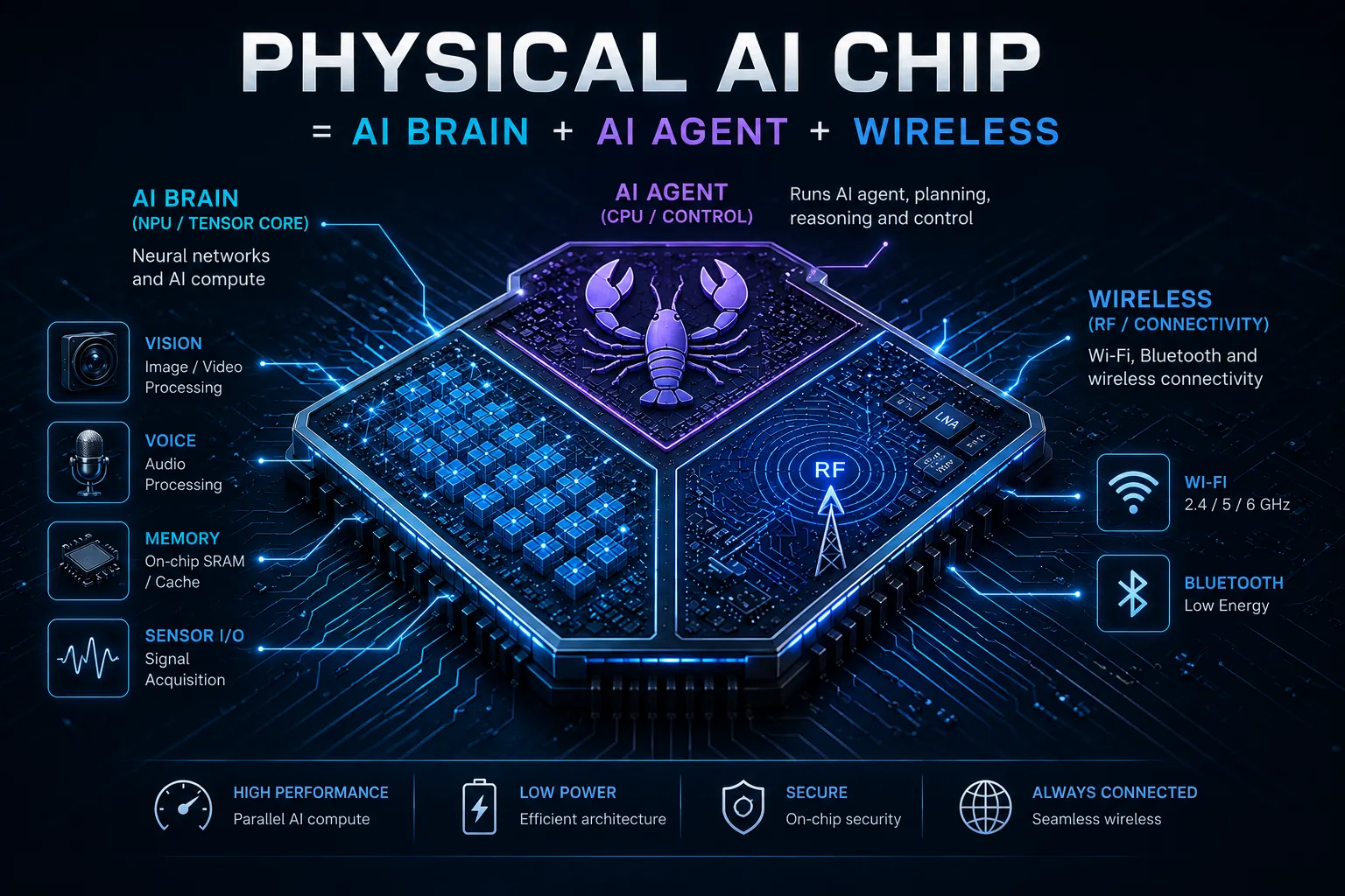 The roadmap's endpoint: a physical AI agent chip — a Jetson-class AI brain fused with an ESP32-class wireless stack on one die