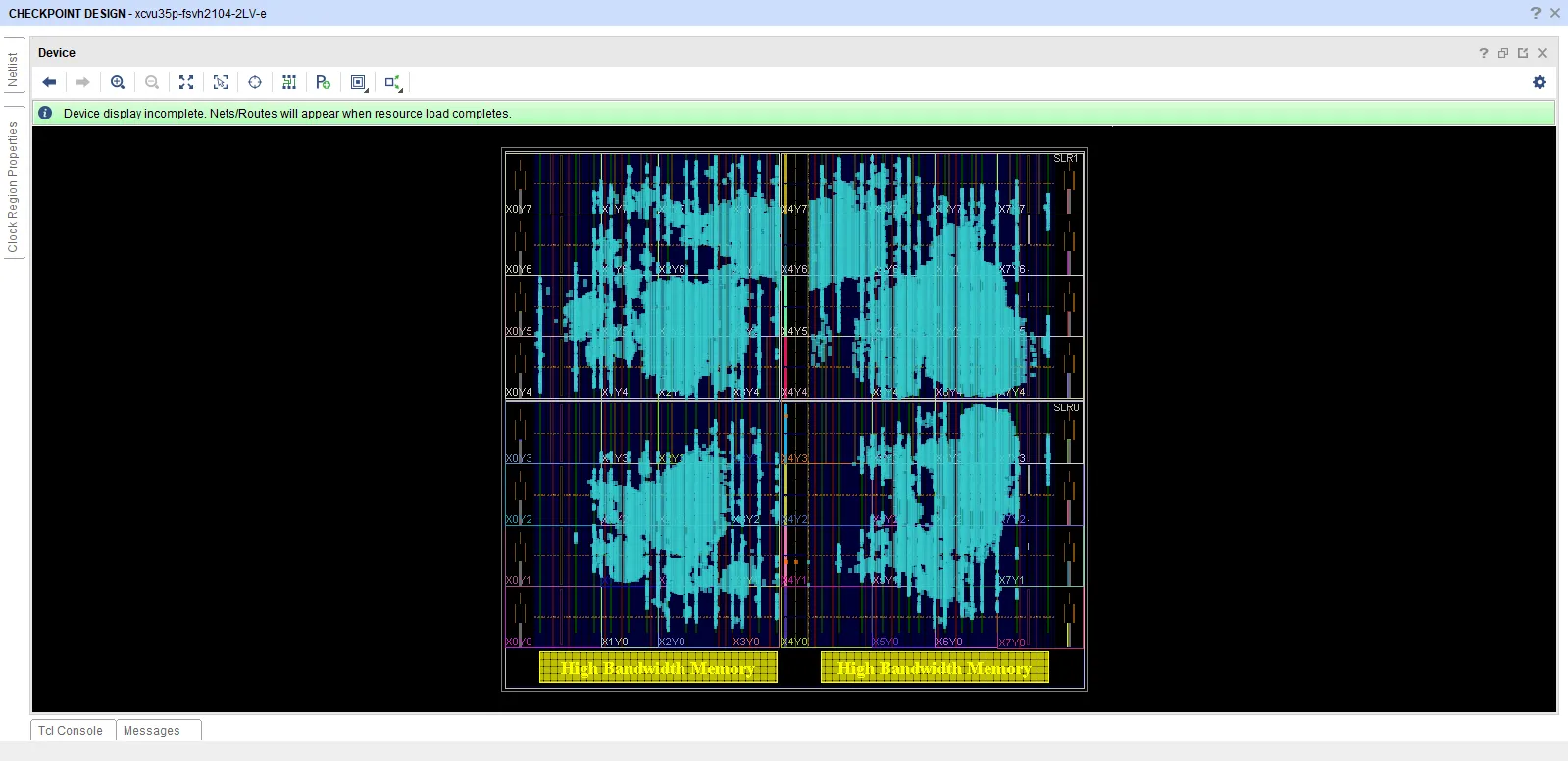 Vivado device view of the placed TIP5 design on the VU35P UltraScale+ (xcvu35p-fsvh2104-2LV-e): used logic in cyan across two SLRs, High Bandwidth Memory along the bottom